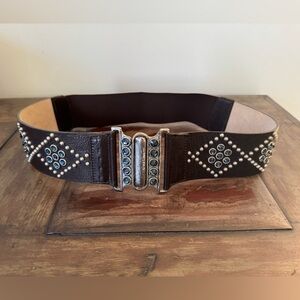 Leatherock wide leather elastic rhinestones embellished brown waist belt women M